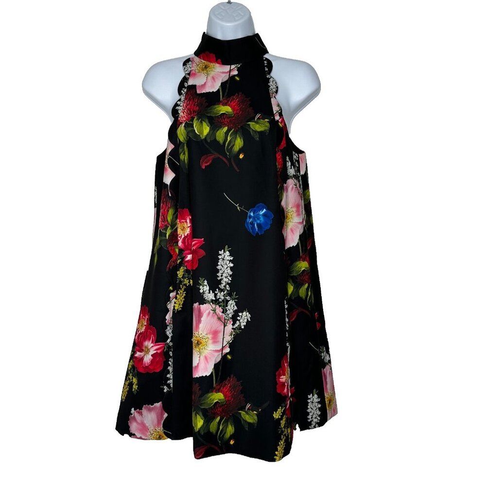 Ted Baker Tanii Shift‎ Mini Dress Size 1 US 2 Black Floral Scallop Halter